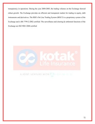 transparency in operations. During the year 2004-2005, the trading volumes on the Exchange showed

robust growth. The Exchange provides an efficient and transparent market for trading in equity, debt

instruments and derivatives. The BSE's On Line Trading System (BOLT) is a proprietary system of the

Exchange and is BS 7799-2-2002 certified. The surveillance and clearing & settlement functions of the

Exchange are ISO 9001:2000 certified




                                                                                                  72
 