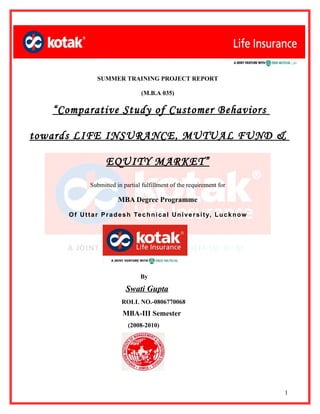 SUMMER TRAINING PROJECT REPORT

                                      (M.B.A 035)

   “Comparative Study of Customer Behaviors

towards LIFE INSURANCE, MUTUAL FUND &

                      EQUITY MARKET”
               Submitted in partial fulfillment of the requirement for

                           MBA Degree Programme

      O f U t t a r P r a d e s h Te c h n i c a l U n i v e r s i t y, L u c k n o w




                                     By

                               Swati Gupta
                             ROLL NO.-0806770068
                             MBA-III Semester
                                (2008-2010)




                                                                                        1
 