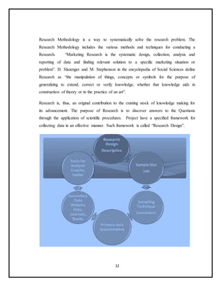 12
Research Methodology is a way to systematically solve the research problem. The
Research Methodology includes the various methods and techniques for conducting a
Research. “Marketing Research is the systematic design, collection, analysis and
reporting of data and finding relevant solution to a specific marketing situation or
problem”. D. Slazenger and M. Stephenson in the encyclopedia of Social Sciences define
Research as “the manipulation of things, concepts or symbols for the purpose of
generalizing to extend, correct or verify knowledge, whether that knowledge aids in
construction of theory or in the practice of an art”.
Research is, thus, an original contribution to the existing stock of knowledge making for
its advancement. The purpose of Research is to discover answers to the Questions
through the application of scientific procedures. Project have a specified framework for
collecting data in an effective manner. Such framework is called “Research Design”.
 