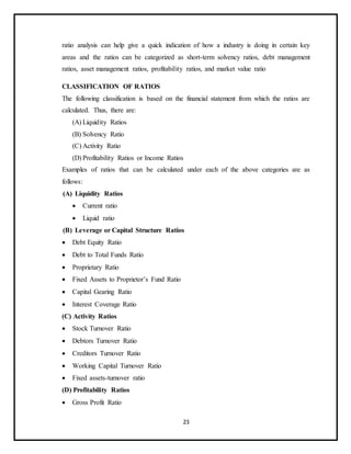 23
ratio analysis can help give a quick indication of how a industry is doing in certain key
areas and the ratios can be categorized as short-term solvency ratios, debt management
ratios, asset management ratios, profitability ratios, and market value ratio
CLASSIFICATION OF RATIOS
The following classification is based on the financial statement from which the ratios are
calculated. Thus, there are:
(A) Liquidity Ratios
(B) Solvency Ratio
(C) Activity Ratio
(D) Profitability Ratios or Income Ratios
Examples of ratios that can be calculated under each of the above categories are as
follows:
(A) Liquidity Ratios
 Current ratio
 Liquid ratio
(B) Leverage or Capital Structure Ratios
 Debt Equity Ratio
 Debt to Total Funds Ratio
 Proprietary Ratio
 Fixed Assets to Proprietor’s Fund Ratio
 Capital Gearing Ratio
 Interest Coverage Ratio
(C) Activity Ratios
 Stock Turnover Ratio
 Debtors Turnover Ratio
 Creditors Turnover Ratio
 Working Capital Turnover Ratio
 Fixed assets-turnover ratio
(D) Profitability Ratios
 Gross Profit Ratio
 