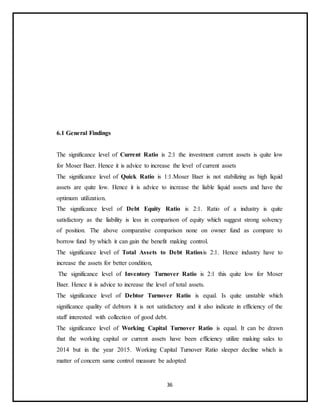 36
6.1 General Findings
The significance level of Current Ratio is 2:1 the investment current assets is quite low
for Moser Baer. Hence it is advice to increase the level of current assets
The significance level of Quick Ratio is 1:1.Moser Baer is not stabilizing as high liquid
assets are quite low. Hence it is advice to increase the liable liquid assets and have the
optimum utilization.
The significance level of Debt Equity Ratio is 2:1. Ratio of a industry is quite
satisfactory as the liability is less in comparison of equity which suggest strong solvency
of position. The above comparative comparison none on owner fund as compare to
borrow fund by which it can gain the benefit making control.
The significance level of Total Assets to Debt Ratiosis 2:1. Hence industry have to
increase the assets for better condition,
The significance level of Inventory Turnover Ratio is 2:1 this quite low for Moser
Baer. Hence it is advice to increase the level of total assets.
The significance level of Debtor Turnover Ratio is equal. Is quite unstable which
significance quality of debtors it is not satisfactory and it also indicate in efficiency of the
staff interested with collection of good debt.
The significance level of Working Capital Turnover Ratio is equal. It can be drawn
that the working capital or current assets have been efficiency utilize making sales to
2014 but in the year 2015. Working Capital Turnover Ratio sleeper decline which is
matter of concern same control measure be adopted
 
