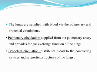  The lungs are supplied with blood via the pulmonary and
bronchial circulations.
• Pulmonary circulation: supplied from the pulmonary artery
and provides for gas exchange function of the lungs.
• Bronchial circulation: distributes blood to the conducting
airways and supporting structures of the lungs .
 