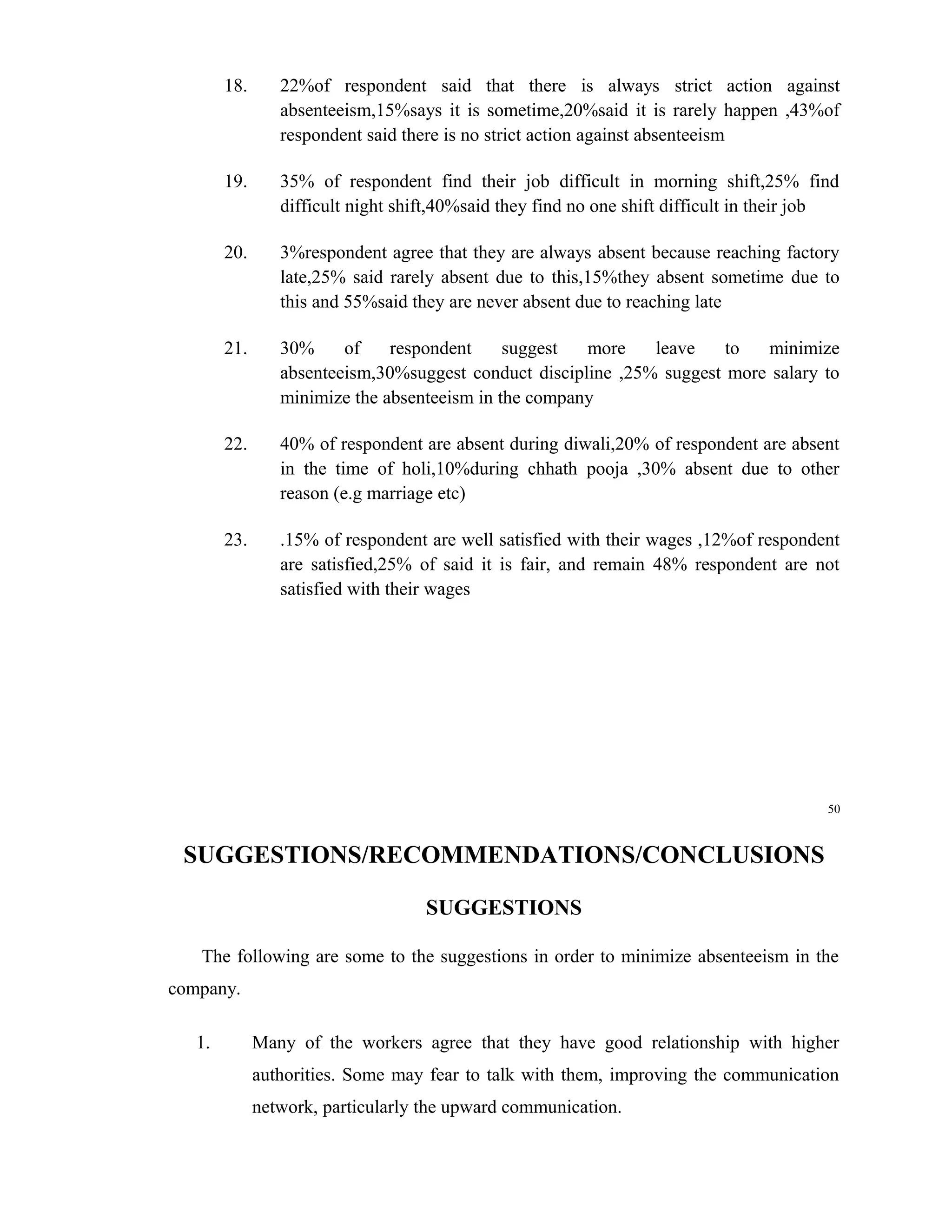 18.      22%of respondent said that there is always strict action against
                 absenteeism,15%says it is sometime,20%said it is rarely happen ,43%of
                 respondent said there is no strict action against absenteeism

        19.      35% of respondent find their job difficult in morning shift,25% find
                 difficult night shift,40%said they find no one shift difficult in their job

        20.      3%respondent agree that they are always absent because reaching factory
                 late,25% said rarely absent due to this,15%they absent sometime due to
                 this and 55%said they are never absent due to reaching late

        21.      30%     of    respondent     suggest  more    leave    to  minimize
                 absenteeism,30%suggest conduct discipline ,25% suggest more salary to
                 minimize the absenteeism in the company

        22.      40% of respondent are absent during diwali,20% of respondent are absent
                 in the time of holi,10%during chhath pooja ,30% absent due to other
                 reason (e.g marriage etc)

        23.      .15% of respondent are well satisfied with their wages ,12%of respondent
                 are satisfied,25% of said it is fair, and remain 48% respondent are not
                 satisfied with their wages




                                                                                          50



 SUGGESTIONS/RECOMMENDATIONS/CONCLUSIONS

                                    SUGGESTIONS

   The following are some to the suggestions in order to minimize absenteeism in the
company.

   1.         Many of the workers agree that they have good relationship with higher
              authorities. Some may fear to talk with them, improving the communication
              network, particularly the upward communication.
 