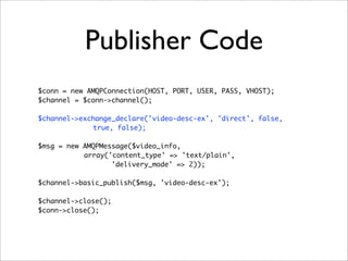 Publisher Code
$conn = new AMQPConnection(HOST, PORT, USER, PASS, VHOST);
$channel = $conn->channel();
$channel->exchange_declare('video-desc-ex', 'direct', false,
true, false);
$msg = new AMQPMessage($video_info,
array('content_type' => 'text/plain',
'delivery_mode' => 2));
$channel->basic_publish($msg, 'video-desc-ex');
$channel->close();
$conn->close();
 