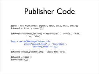 Publisher Code
$conn = new AMQPConnection(HOST, PORT, USER, PASS, VHOST);
$channel = $conn->channel();
$channel->exchange_declare('video-desc-ex', 'direct', false,
true, false);
$msg = new AMQPMessage($video_info,
array('content_type' => 'text/plain',
'delivery_mode' => 2));
$channel->basic_publish($msg, 'video-desc-ex');
$channel->close();
$conn->close();
 