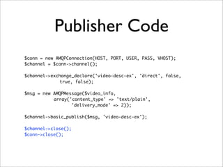 Publisher Code
$conn = new AMQPConnection(HOST, PORT, USER, PASS, VHOST);
$channel = $conn->channel();
$channel->exchange_declare('video-desc-ex', 'direct', false,
true, false);
$msg = new AMQPMessage($video_info,
array('content_type' => 'text/plain',
'delivery_mode' => 2));
$channel->basic_publish($msg, 'video-desc-ex');
$channel->close();
$conn->close();
 