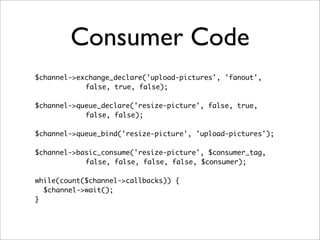 Consumer Code
$channel->exchange_declare('upload-pictures', 'fanout',
false, true, false);
$channel->queue_declare('resize-picture', false, true,
false, false);
$channel->queue_bind('resize-picture', 'upload-pictures');
$channel->basic_consume('resize-picture', $consumer_tag,
false, false, false, false, $consumer);
while(count($channel->callbacks)) {
$channel->wait();
}
 