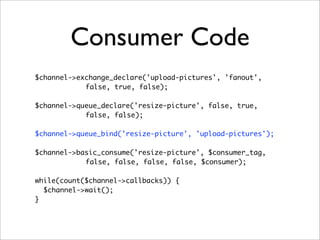 Consumer Code
$channel->exchange_declare('upload-pictures', 'fanout',
false, true, false);
$channel->queue_declare('resize-picture', false, true,
false, false);
$channel->queue_bind('resize-picture', 'upload-pictures');
$channel->basic_consume('resize-picture', $consumer_tag,
false, false, false, false, $consumer);
while(count($channel->callbacks)) {
$channel->wait();
}
 