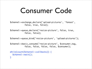 Consumer Code
$channel->exchange_declare('upload-pictures', 'fanout',
false, true, false);
$channel->queue_declare('resize-picture', false, true,
false, false);
$channel->queue_bind('resize-picture', 'upload-pictures');
$channel->basic_consume('resize-picture', $consumer_tag,
false, false, false, false, $consumer);
while(count($channel->callbacks)) {
$channel->wait();
}
 