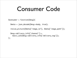 Consumer Code
$consumer = function($msg){
$meta = json_decode($msg->body, true);
	
resize_picture($meta['image_id'], $meta['image_path']);
	
$msg->delivery_info['channel']->
basic_ack($msg->delivery_info['delivery_tag']);
};
 
