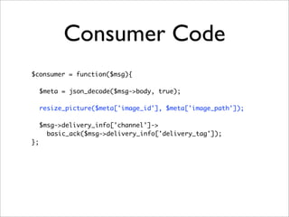 Consumer Code
$consumer = function($msg){
$meta = json_decode($msg->body, true);
	
resize_picture($meta['image_id'], $meta['image_path']);
	
$msg->delivery_info['channel']->
basic_ack($msg->delivery_info['delivery_tag']);
};
 