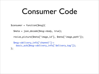 Consumer Code
$consumer = function($msg){
$meta = json_decode($msg->body, true);
	
resize_picture($meta['image_id'], $meta['image_path']);
	
$msg->delivery_info['channel']->
basic_ack($msg->delivery_info['delivery_tag']);
};
 
