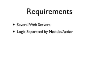 Requirements
• Several Web Servers
• Logic Separated by Module/Action
 