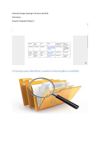 Fecha de Entrega: Domingo 7 de Enero del 2018
Informatica
Proyecto Integrador Bloque 3
5 Consejos para identificar cuando la información es confiable