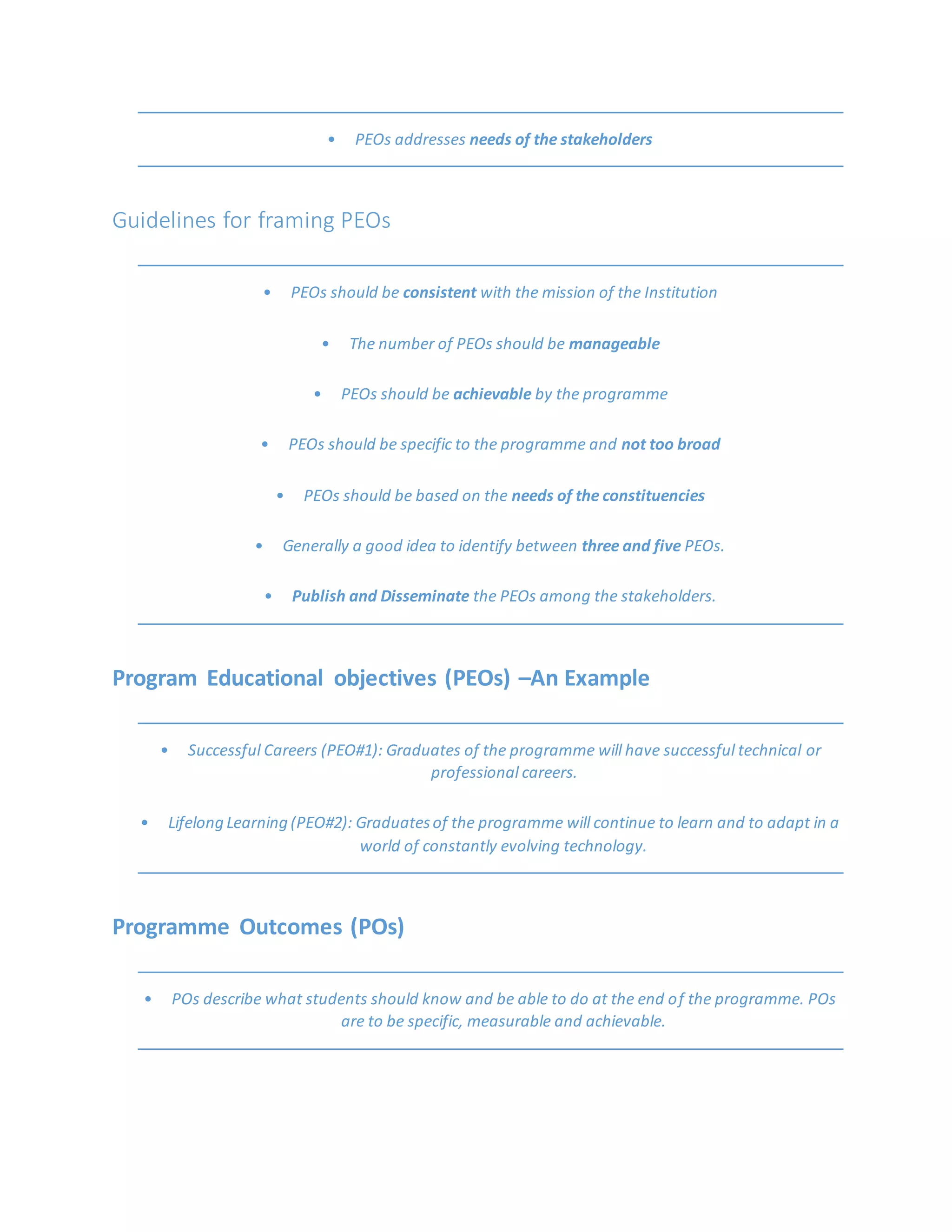 • PEOs addresses needs of the stakeholders
Guidelines for framing PEOs
• PEOs should be consistent with the mission of the Institution
• The number of PEOs should be manageable
• PEOs should be achievable by the programme
• PEOs should be specific to the programme and not too broad
• PEOs should be based on the needs of the constituencies
• Generally a good idea to identify between three and five PEOs.
• Publish and Disseminate the PEOs among the stakeholders.
Program Educational objectives (PEOs) –An Example
• Successful Careers (PEO#1): Graduates of the programme will have successful technical or
professional careers.
• Lifelong Learning (PEO#2): Graduatesof the programme will continue to learn and to adapt in a
world of constantly evolving technology.
Programme Outcomes (POs)
• POs describe what students should know and be able to do at the end of the programme. POs
are to be specific, measurable and achievable.
 