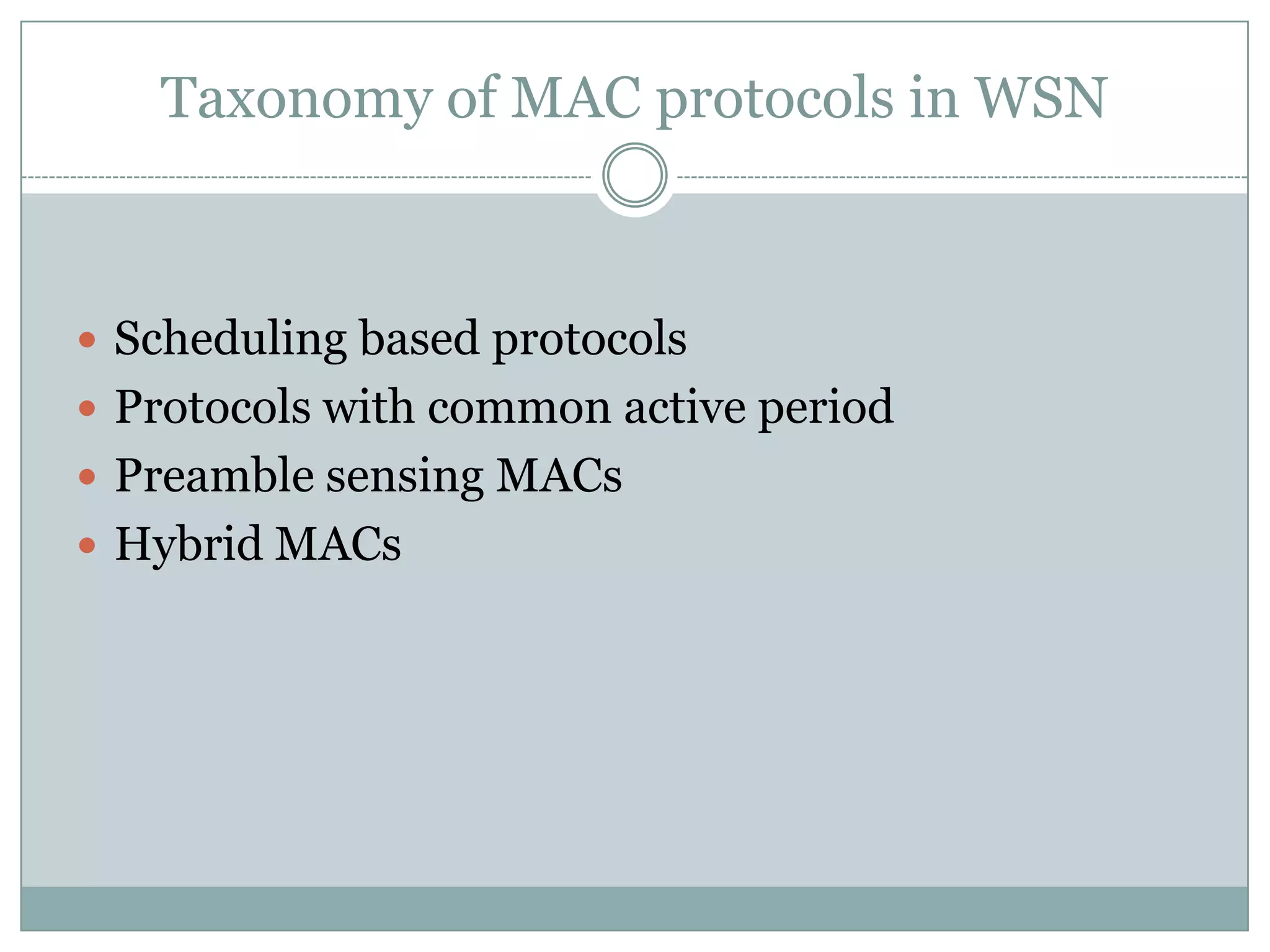 Taxonomy of MAC protocols in WSNScheduling based protocolsProtocols with common active periodPreamble sensing MACsHybrid MACs