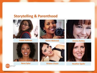 Storytelling & Parenthood




   Isabel Kallman   Karen Walrond   Jessica Ashley




     Rene Syler     Kristen Chase   Heather Spohr
 