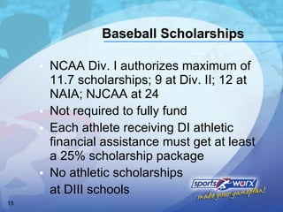 Baseball Scholarships NCAA Div. I authorizes maximum of 11.7 scholarships; 9 at Div. II; 12 at NAIA; NJCAA at 24 Not required to fully fund Each athlete receiving DI athletic financial assistance must get at least a 25% scholarship package No athletic scholarships  at DIII schools 
