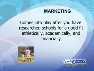 MARKETING Comes into play after you have researched schools for a good fit athletically, academically, and financially 