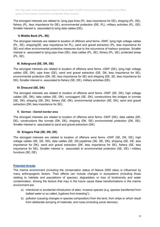 13
The strongest interests are related to: lying pipe lines (PL, less importance for DE), shipping (PL, DE),
fishery (PL, less importance for DE), environmental protection (DE, PL), military activities (PL, DE).
Smaller interest is associated to lying data cables (DE).
II. Middle Bank (PL, SE)
The strongest interests are related to location of offshore wind farms -OWF, lying high voltage cables
(PL, SE), shipping(SE, less importance for PL), sand and gravel extraction (PL, less importance for
SE) and other environmental protective measures due to the occurrence of harbour porpoise. Smaller
interest is associated to lying pipe lines (SE), data cables (PL, SE), fishery (PL, SE), protected areas
(PL, SE).
III. Adlergrund (SE, DK, DE)
The strongest interests are related to location of offshore wind farms -OWF (DE), lying high voltage
cables (DE, DK), pipe lines (DE), sand and gravel extraction (DE, DK, less importance for SE),
environmental protection (DK, DE, less importance for SE) and shipping (DE, SE, less importance for
DK). Smaller interest is associated to fishery (SE, DE), military activities (DE).
IV.Öresund (SE, DK)
The strongest interests are related to location of offshore wind farms -OWF (SE, DK), high voltage
cables (SE, DK), data cables (SE, DK), rurociągami (SE, DK), constructions like bridges or tunnels
(SE, DK), shipping (SE, DK), fishery (SE, DK), environmental protection (SE, DK), sand and gravel
extraction (DK, less importance for SE).
V. German - Danish border area
The strongest interests are related to location of offshore wind farms -OWF (DK), data cables (DK,
DE), constructions like tunnels (DK, DE), shipping (DK, DE) environmental protection (DK, DE).
Smaller interest is associated to sand and gravel extraction (DK).
VI. Kriegers Flak (SE, DK, DE)
The strongest interests are related to location of offshore wind farms -OWF (SE, DK, DE), high
voltage cables (SE, DE, DK), data cables (SE, DE),pipelines (SE, DE, DK), shipping (SE, DE, less
importance for DK), sand and gravel extraction (DK, less importance for SE), fishery (SE, less
importance for DE). Smaller interest is associated to environmental protection (SE, DE) i military
functions (SE, DE).
Potential threats
The marine environment (including the conservation status of Natura 2000 sites) is influenced by
many anthropogenic factors. Their effects can include changes in ecosystems (including those
relating to habitats and populations of species), degradation or loss of biodiversity and water
contamination. Among the factors that may in the future cause these transformations in the marine
environment are:
a) intentional or accidental introduction of alien, invasive species (e.g. species transferred from
ballast water or so called „fugitives from breeding”);
b) pollution (causing changes in species composition) from the land, from ships or which result
from deliberate dumping of materials, and noise (including sonar devices);
This Topic paper is the working paper based on the joint Baltic SCOPE exercise and cannot be treated as the official
opinion of the European Commission and Member States involved.
 