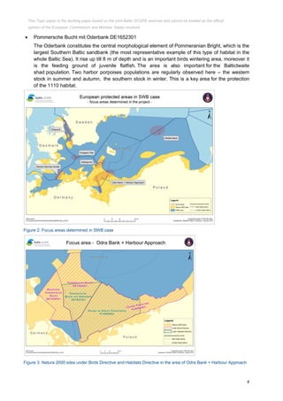 8
 Pommersche Bucht mit Oderbank DE1652301
The Oderbank constitutes the central morphological element of Pommeranian Bright, which is the
largest Southern Baltic sandbank (the most representative example of this type of habitat in the
whole Baltic Sea). It rise up till 8 m of depth and is an important birds wintering area, moreover it
is the feeding ground of juvenile flatfish. The area is also important for the Baltictwaite
shad population. Two harbor porpoises populations are regularly observed here – the western
stock in summer and autumn, the southern stock in winter. This is a key area for the protection
of the 1110 habitat.
Figure 2: Focus areas determined in SWB case
Figure 3: Natura 2000 sites under Birds Directive and Habitats Directive in the area of Odra Bank + Harbour Approach
This Topic paper is the working paper based on the joint Baltic SCOPE exercise and cannot be treated as the official
opinion of the European Commission and Member States involved.
 