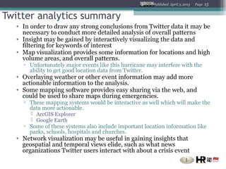 Published April 3, 2013   Page   15


Twitter analytics summary
  • In order to draw any strong conclusions from Twitter data it may be
    necessary to conduct more detailed analysis of overall patterns
  • Insight may be gained by interactively visualizing the data and
    filtering for keywords of interest
  • Map visualization provides some information for locations and high
    volume areas, and overall patterns.
    ▫ Unfortunately major events like this hurricane may interfere with the
      ability to get good location data from Twitter.
  • Overlaying weather or other event information may add more
    actionable information to the analysis.
  • Some mapping software provides easy sharing via the web, and
    could be used to share maps during emergencies.
    ▫ These mapping systems would be interactive as well which will make the
      data more actionable.
        ArcGIS Explorer
        Google Earth
    ▫ Some of these systems also include important location information like
      parks, schools, hospitals and churches.
  • Network visualization may be useful in gaining insights that
    geospatial and temporal views elide, such as what news
    organizations Twitter users interact with about a crisis event
 