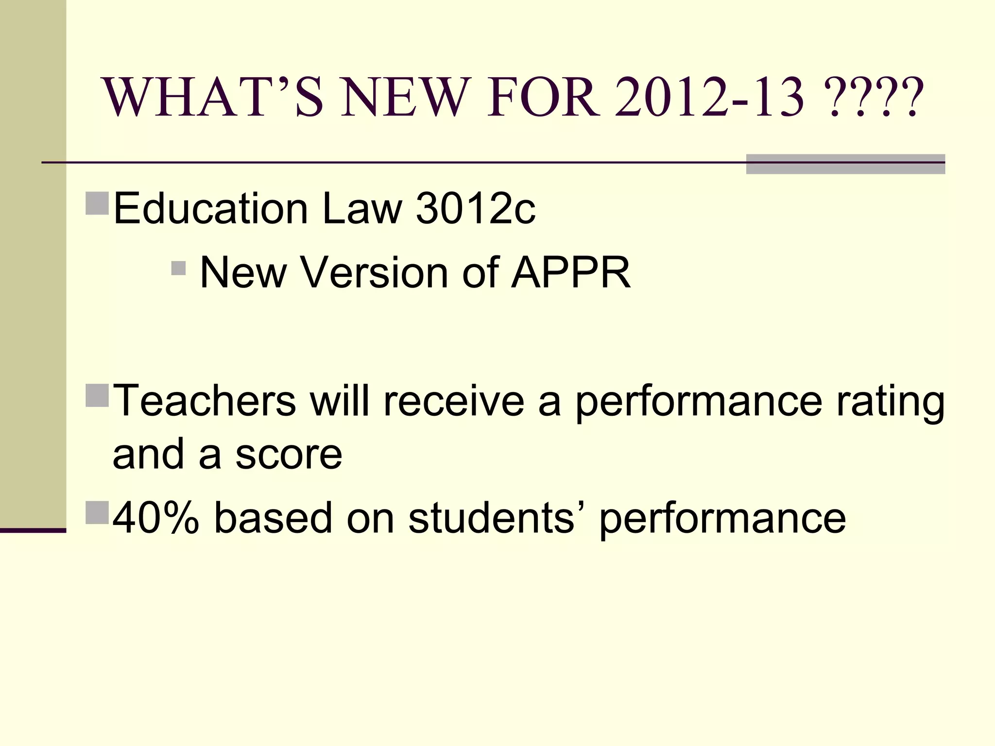 WHAT’S NEW FOR 2012-13 ????
Education Law 3012c
       New Version of APPR

Teachers will receive a performance rating
 and a score
40% based on students’ performance
 