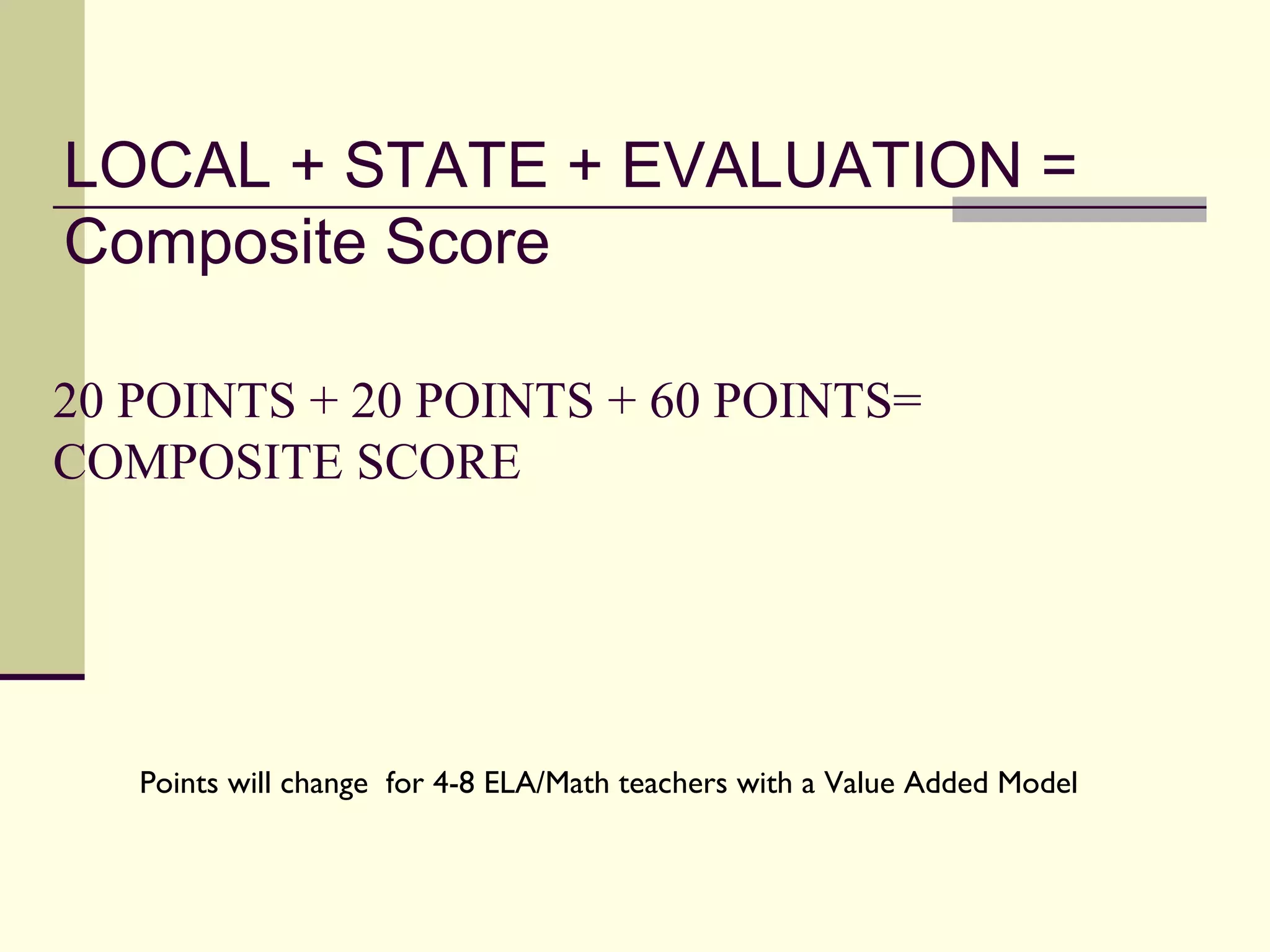 LOCAL + STATE + EVALUATION =
Composite Score

20 POINTS + 20 POINTS + 60 POINTS=
COMPOSITE SCORE




   Points will change for 4-8 ELA/Math teachers with a Value Added Model
 