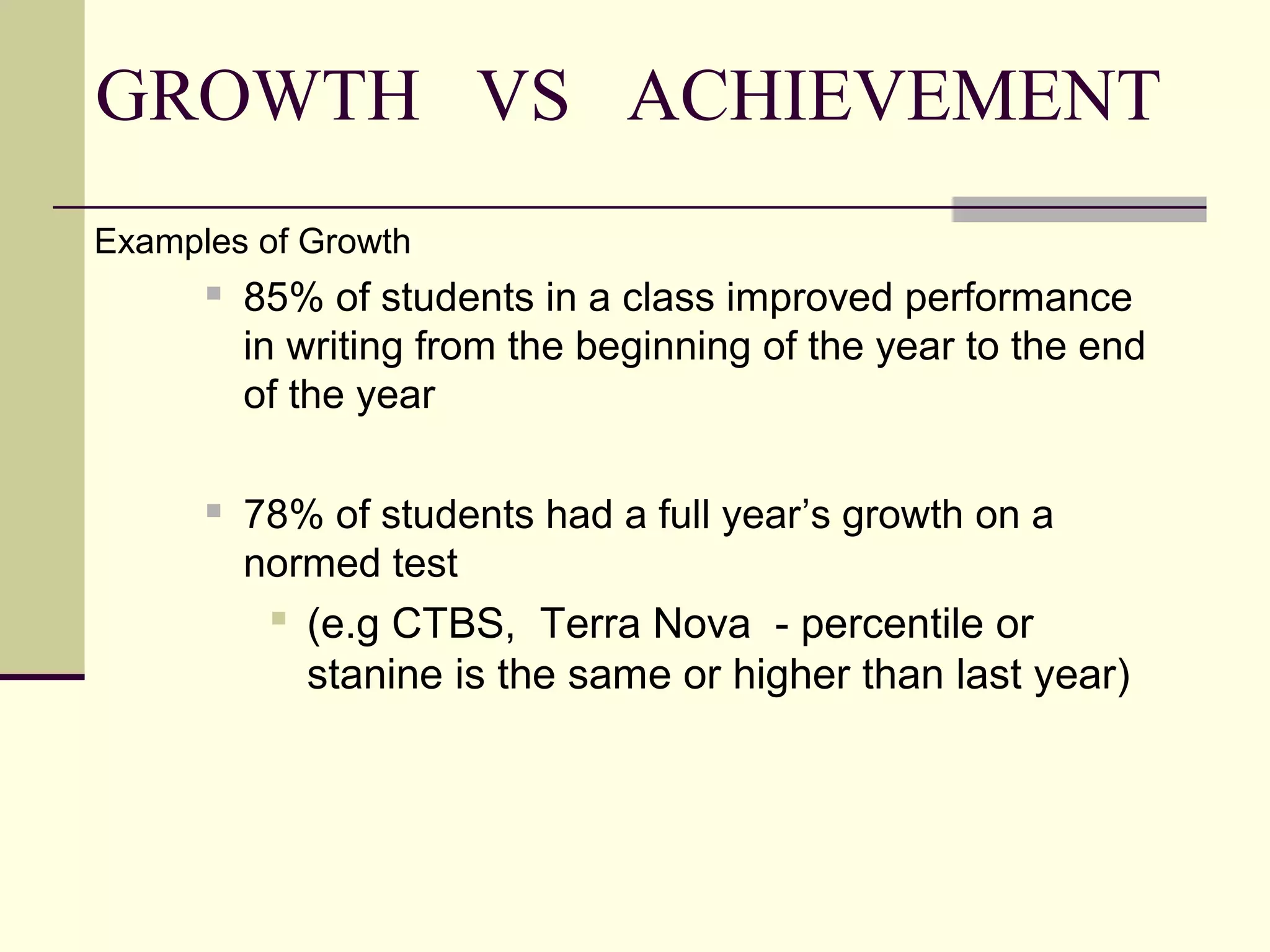 GROWTH VS ACHIEVEMENT
Examples of Growth
         85% of students in a class improved performance
          in writing from the beginning of the year to the end
          of the year

         78% of students had a full year’s growth on a
          normed test
            (e.g CTBS, Terra Nova - percentile or
             stanine is the same or higher than last year)
 