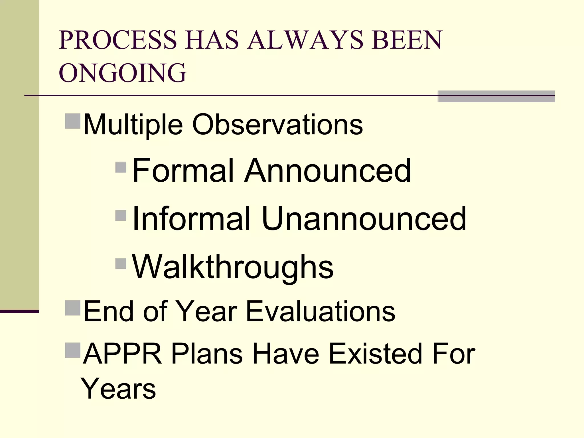 PROCESS HAS ALWAYS BEEN
ONGOING
Multiple Observations
    Formal Announced
    Informal Unannounced

    Walkthroughs

End of Year Evaluations
APPR Plans Have Existed For
 Years
 