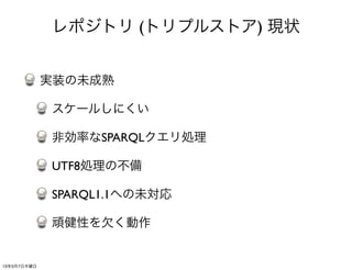 レポジトリ (トリプルストア) 現状


             実装の未成熟

             スケールしにくい

             非効率なSPARQLクエリ処理

             UTF8処理の不備

             SPARQL1.1への未対応

             頑健性を欠く動作


13年3月7日木曜日
 