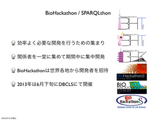 BioHackathon / SPARQLthon




             効率よく必要な開発を行うための集まり

             関係者を一堂に集めて期間中に集中開発

             BioHackathonは世界各地から開発者を招待

             2013年は6月下旬にDBCLSにて開催




13年3月7日木曜日
 