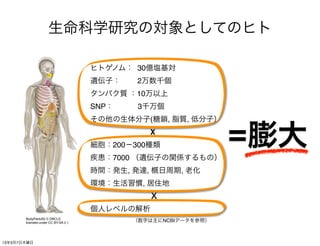生命科学研究の対象としてのヒト

                                     ヒトゲノム： 30億塩基対
                                     遺伝子：   2万数千個
                                     タンパク質 ：10万以上
                                     SNP：    3千万個
                                     その他の生体分子(糖鎖, 脂質, 低分子）
                                             X
                                     細胞：200−300種類
                                     疾患：7000 （遺伝子の関係するもの）
                                                                =膨大
                                     時間：発生, 発達, 概日周期, 老化
                                     環境：生活習慣, 居住地
                                             Ｘ 
                                     個人レベルの解析
       BodyParts3D © DBCLS
       licensed under CC BY-SA 2.1          （数字は主にNCBIデータを参照）



13年3月7日木曜日
 
