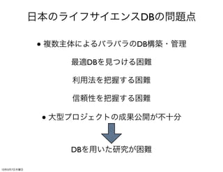 日本のライフサイエンスDBの問題点

             ● 複数主体によるバラバラのDB構築・管理

                  最適DBを見つける困難

                  利用法を把握する困難

                  信頼性を把握する困難

              ● 大型プロジェクトの成果公開が不十分



                  DBを用いた研究が困難

13年3月7日木曜日
 
