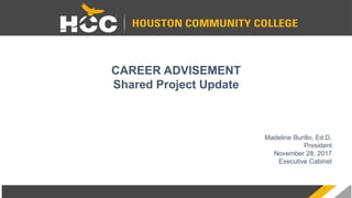 1
CAREER ADVISEMENT
Shared Project Update
Madeline Burillo, Ed.D.
President
November 28, 2017
Executive Cabinet
 