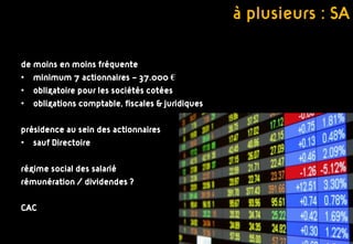 à plusieurs : SA

de moins en moins fréquente
• minimum 7 actionnaires – 37.000 €
• obligatoire pour les sociétés cotées
• obligations comptable, fiscales & juridiques

présidence au sein des actionnaires
• sauf Directoire

régime social des salarié
rémunération / dividendes ?

CAC
 