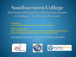 Presented by:
Dr. Irina Weisblat, Business Instructor - Southwestern College
With contributions from:
Victor Castillo, Director & Deputy Sector Navigator on Global Trade and Logistics
Center for International Trade Development -Southwestern College
Knowledge Community of International Business Programs
San Diego, CA
February 28, 2014
 