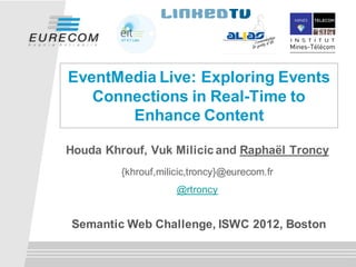 EventMedia Live: Exploring Events
   Connections in Real-Time to
       Enhance Content

Houda Khrouf, Vuk Milicic and Raphaël Troncy
         {khrouf,milicic,troncy}@eurecom.fr
                     @rtroncy


Semantic Web Challenge, ISWC 2012, Boston
 