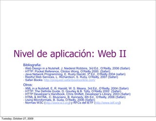 Nivel de aplicación: Web II
                 Bibliografia:
                 - Web Design in a Nutshell, J. Niederst Robbins, 3rd Ed., O’Reilly, 2006 (Safari)
                 - HTTP: Pocket Reference, Clinton Wong, O’Reilly 2000 (Safari)
                 - Java Network Programming, E. Rusty Harold, 3ª Ed., O’Reilly 2004 (safari)
                 - Restful Web Services, L. Richardson, S. Ruby, O’Reilly, 2007 (Safari)
                 - Safari Books: http://proquest.safaribooksonline.com/
                 Otros:
                 - XML in a Nutshell, E. R. Harold, W. S. Means, 3rd Ed., O’Reilly, 2004 (Safari)
                 - HTTP: The Definite Guide, D. Gourley & B. Totty, O’Reilly 2002 (Safari)
                 - HTTP Developer’s Handbook, Chris Shiflett, Developer’s Library, 2003 (Safari)
                 - HTML & XHTML, C. Musciano, B. Kennedy, 6th Ed., O’Reilly, 2006 (Safari)
                 - Using Microformats, B. Suda, O’Reilly, 2006 (Safari)
                 - Normas W3C (http://www.w3.org) y RFCs del IETF (http://www.ietf.org)



Tuesday, October 27, 2009
 