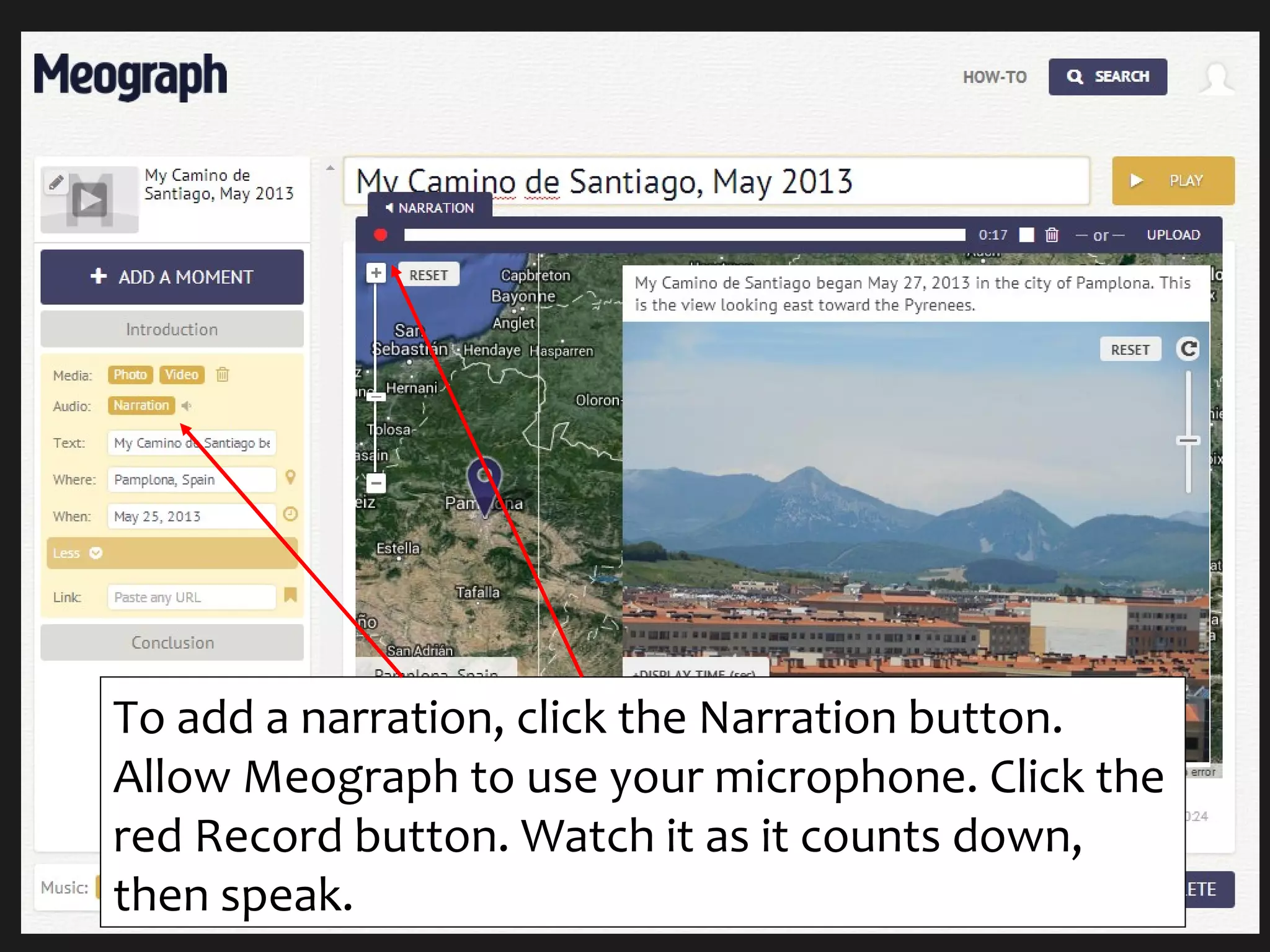 To add a narration, click the Narration button.
Allow Meograph to use your microphone. Click the
red Record button. Watch it as it counts down,
then speak.
 