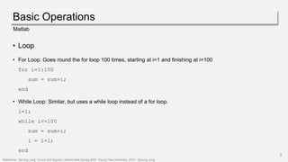 Basic Operations
9
Matlab
• Loop
• For Loop: Goes round the for loop 100 times, starting at i=1 and finishing at i=100
for i=1:100
sum = sum+i;
end
• While Loop: Similar, but uses a while loop instead of a for loop.
i=1;
while i<=100
sum = sum+i;
i = i+1;
end
Reference: Jiyoung Jung. Circuit and Signals Lecture Note Spring 2021, Kyung Hee University, 2021. Jiyoung Jung.
 