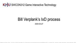 Bill Verplank’s IxD process
2024-03-27
SWCON312 Game Interactive Technology
Reference & Figure Credit : COS 436, Fall 2008: Home page. (n.d.). https://www.cs.princeton.edu/courses/archive/fall08/cos436/ & : Verplank, Bill. "Interaction design sketchbook." online publication (2009)
 