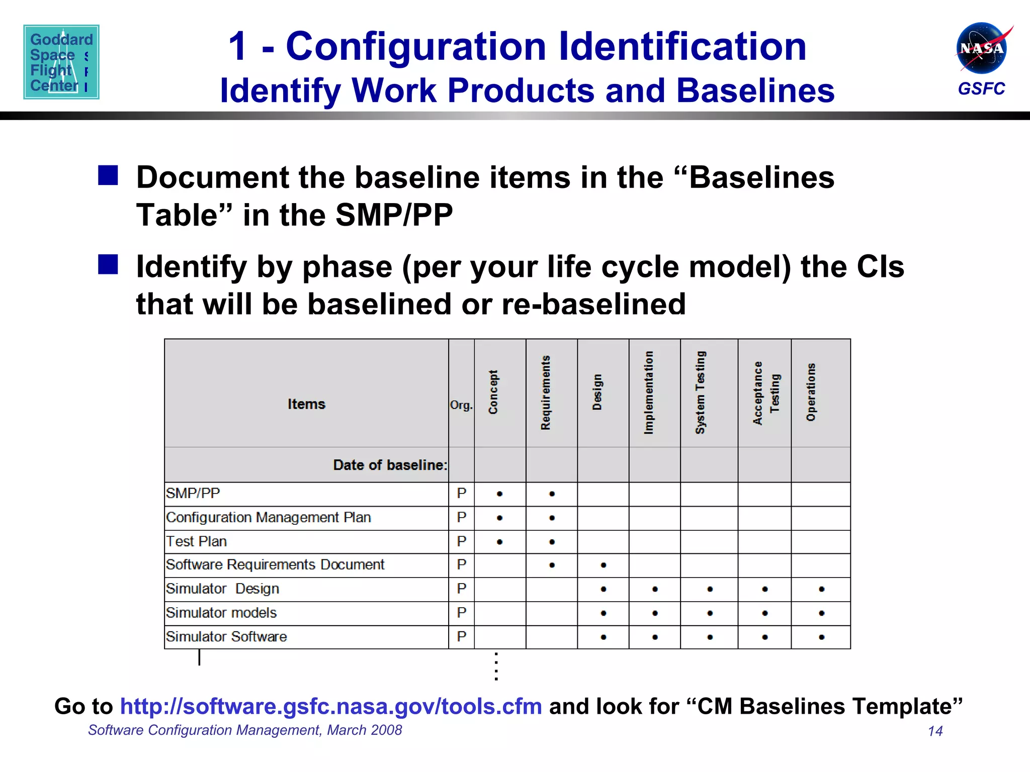 1 - Configuration Identification  Identify Work Products and Baselines Document the baseline items in the “Baselines Table” in the SMP/PP Identify by phase (per your life cycle model) the CIs that will be baselined or re-baselined Go to  http://software.gsfc.nasa.gov/tools.cfm  and look for “CM Baselines Template” … . 
