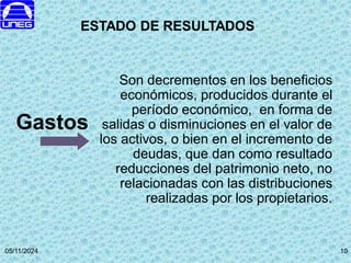05/11/2024 10
Son decrementos en los beneficios
económicos, producidos durante el
período económico, en forma de
salidas o disminuciones en el valor de
los activos, o bien en el incremento de
deudas, que dan como resultado
reducciones del patrimonio neto, no
relacionadas con las distribuciones
realizadas por los propietarios.
Gastos
ESTADO DE RESULTADOS
10
 