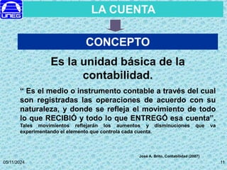 05/11/2024 11
11
LA CUENTA
CONCEPTO
Es la unidad básica de la
contabilidad.
“ Es el medio o instrumento contable a través del cual
son registradas las operaciones de acuerdo con su
naturaleza, y donde se refleja el movimiento de todo
lo que RECIBIÓ y todo lo que ENTREGÓ esa cuenta”.
Tales movimientos reflejarán los aumentos y disminuciones que va
experimentando el elemento que controla cada cuenta.
José A. Brito, Contabilidad (2007)
 