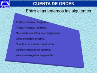 Entre ellas tenemos las siguientes
CUENTA DE ORDEN
Avales y fianzas otorgadas.
Avales y fianzas recibidas.
Mercancías recibida en consignación.
Giros enviados el cobro.
Cuentas por cobrar condonadas.
Valores recibidos en garantía.
Valores entregados en garantía.
 