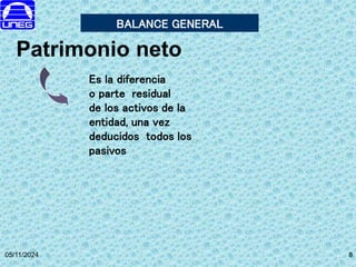 05/11/2024 8
Es la diferencia
o parte residual
de los activos de la
entidad, una vez
deducidos todos los
pasivos
Patrimonio neto
BALANCE GENERAL
8
 
