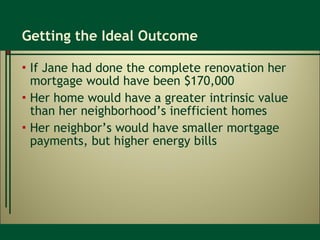 Getting the Ideal Outcome If Jane had done the complete renovation her mortgage would have been $170,000 Her home would have a greater intrinsic value than her neighborhood’s inefficient homes Her neighbor’s would have smaller mortgage payments, but higher energy bills 