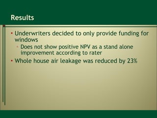 Results Underwriters decided to only provide funding for windows Does not show positive NPV as a stand alone improvement according to rater Whole house air leakage was reduced by 23% 