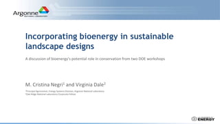 Incorporating bioenergy in sustainable
landscape designs
M. Cristina Negri1 and Virginia Dale2
1Principal Agronomist, Energy Systems Division, Argonne National Laboratory
2Oak Ridge National Laboratory Corporate Fellow
A discussion of bioenergy’s potential role in conservation from two DOE workshops
 